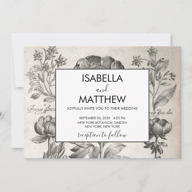 Invitación Flores botánicas blancas y negras florales (Anverso)