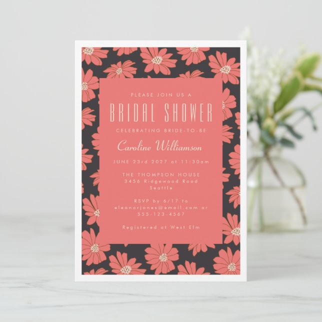 Invitación Flores botánicas Boho Ducha Negra de Novias Rojas (Anverso de pie)