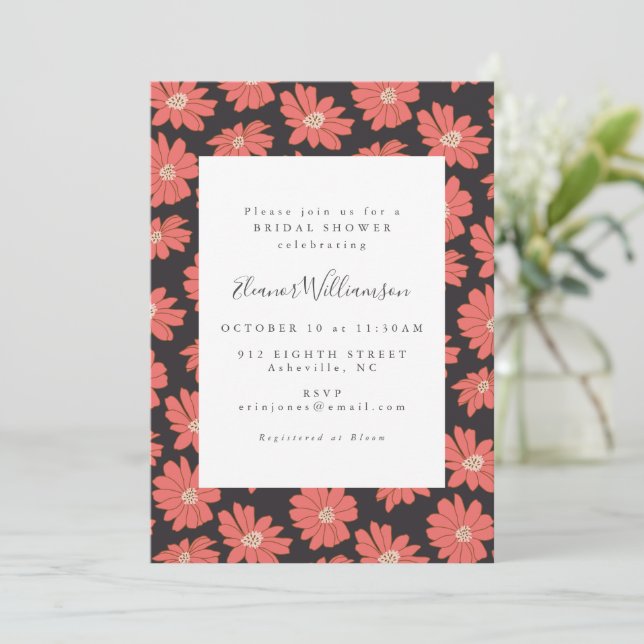 Invitación Flores botánicas Boho Ducha Negra de Novias Rojas (Anverso de pie)