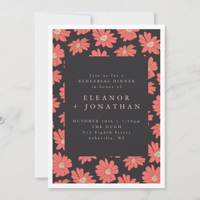 Invitación Flores Botánicas Boho Negras Rojasy Cena de Ensayo (Anverso)