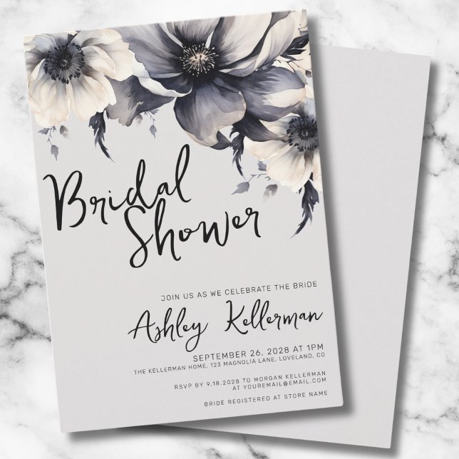 Invitación Flores Botánicas Elegante Ducha Boho Bridal (Gray Simple Elegant Floral Bridal Shower Invitation)