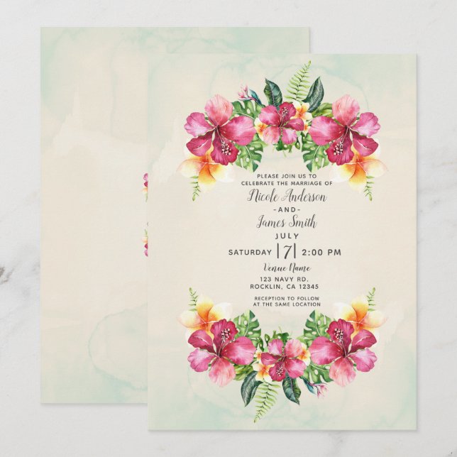 Invitación Flores Botánicas Florales Tropicales Aloha Boda (Anverso / Reverso)