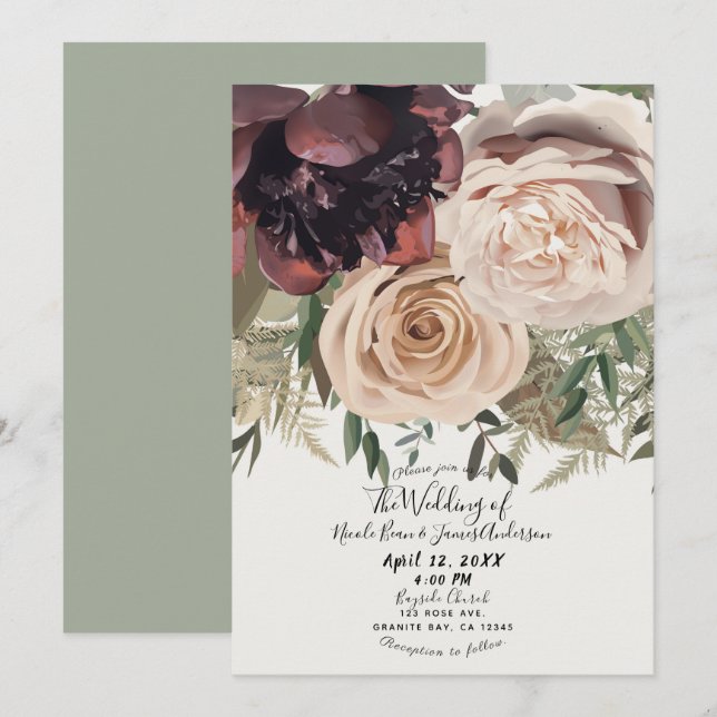 Invitación Flores Botánicas Glamour con Florales Sonrojados p (Anverso / Reverso)