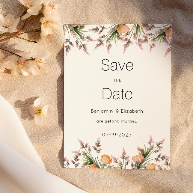 Invitación Flores botánicas rosadas naranjas de verano Salven (Botanical pink orange summer flowers Save the Date )