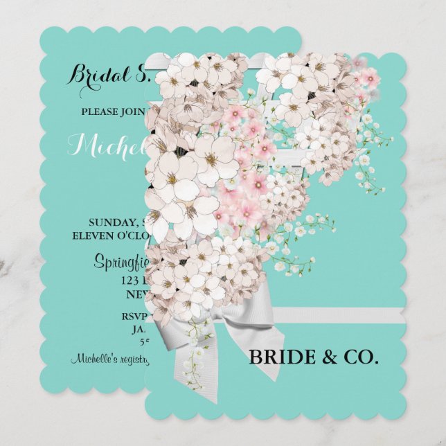 Invitación Flores BRIDE y Fiesta de ducha azul Verde azulado  (Anverso / Reverso)