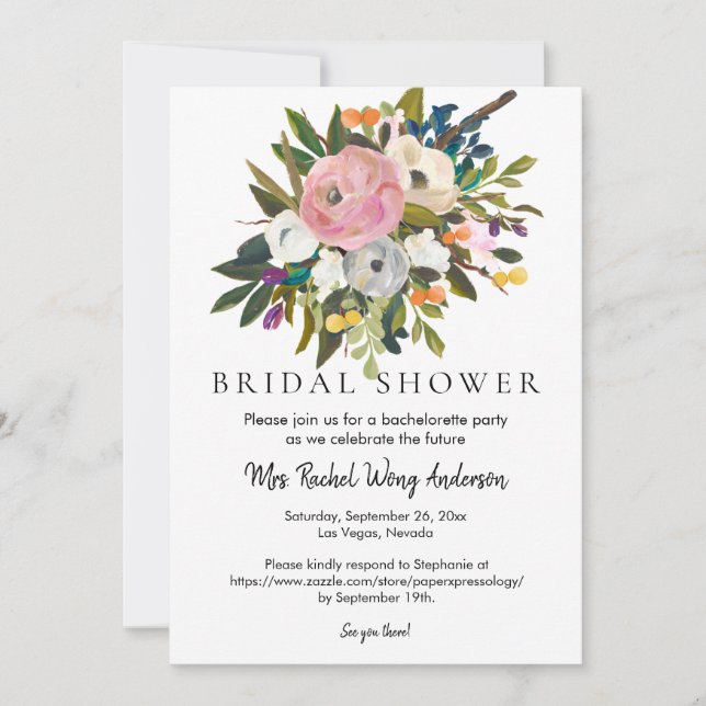 Invitación Flores Brillantes Boho Bouquet Photo Bridal Shower (Anverso)