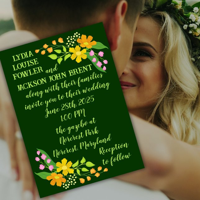Invitación Flores brillantes en el más profundo Boda verde (Subido por el creador)