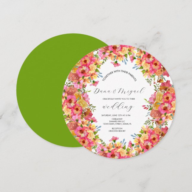 Invitación Flores brillantes Mezcla rosa Acuarela Boda Círcul (Anverso / Reverso)