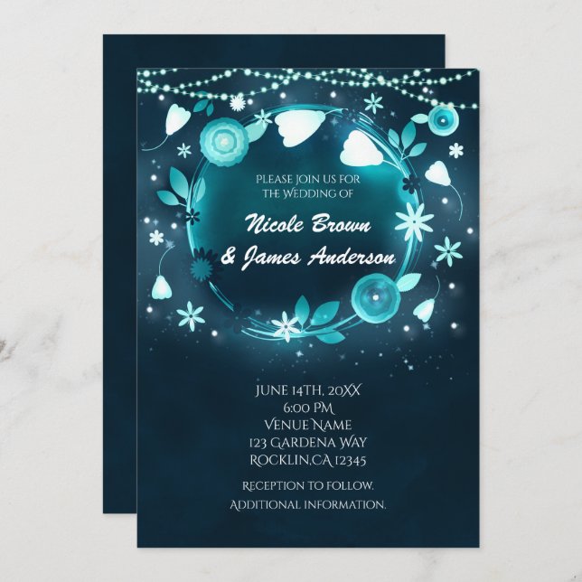 Invitación Flores brillantes Noche Boda de Jardín Whimsical (Anverso / Reverso)