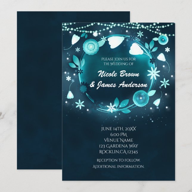Invitación Flores Brillantes Noche Caprichosa Boda de Jardín (Anverso / Reverso)