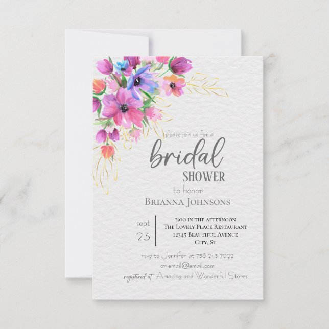 Invitación Flores brillantes Verdor Dorado Ducha Bridal (Anverso)