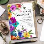 Invitación Flores brillantes y audaces celebración doble cump<br><div class="desc">Invitación de cumpleaños de doble celebración. El diseño presenta flores acuáticas brillantes y audaces con vegetación botánica. invitaciones de cumpleaños. La elegante plantilla de cumpleaños clásica es fácil de personalizar y es perfecta para cualquier fiesta de cumpleaños conjunta de edad o hito.</div>