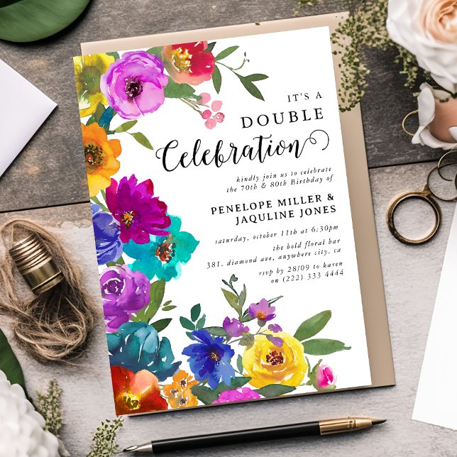 Invitación Flores brillantes y audaces celebración doble cump (Subido por el creador)