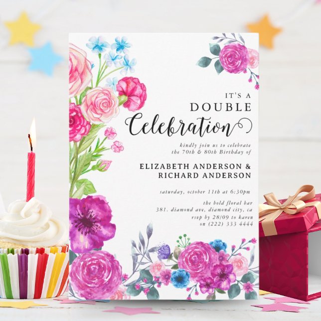 Invitación Flores brillantes y audaces celebración doble cump (Subido por el creador)