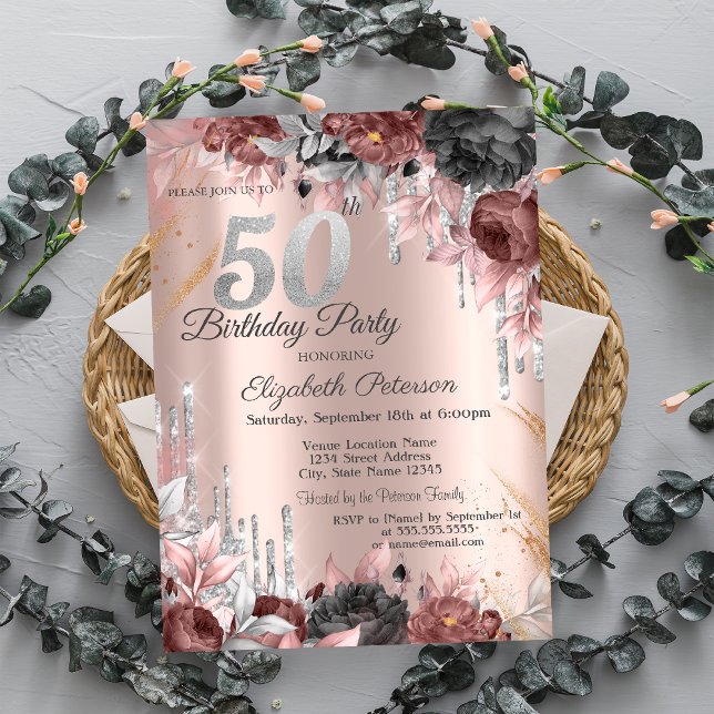 Invitación Flores Brillo Goteo Rosa Oro Cumpleaños 50 (Subido por el creador)