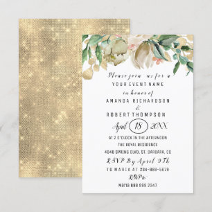 Invitación Flores Brunch Mint Green Gold Watercolor Blanco