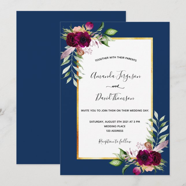 Invitación Flores burdeos azules de la marina boda del boho o (Anverso / Reverso)