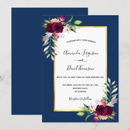 Invitación Flores burdeos azules de la marina boda del boho o