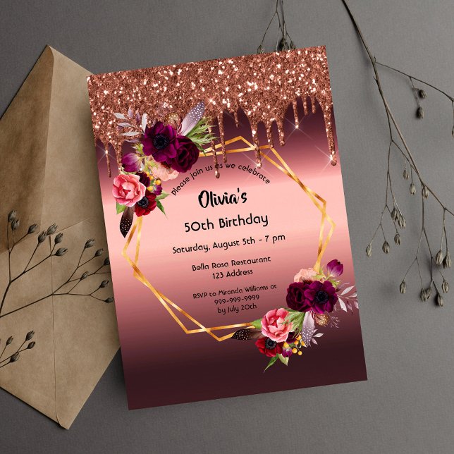 Invitación Flores burdeos de cumpleaños purpurina geométrica (Subido por el creador)