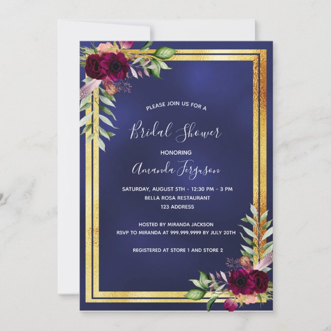 Invitación Flores burdeos de oro azul marino Bridal Shower (Anverso)