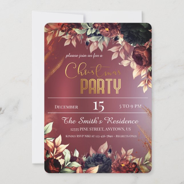 Invitación Flores burdeos elegantes, reinder Navidades mágico (Anverso)