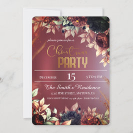 Invitación Flores burdeos elegantes, reinder Navidades mágico