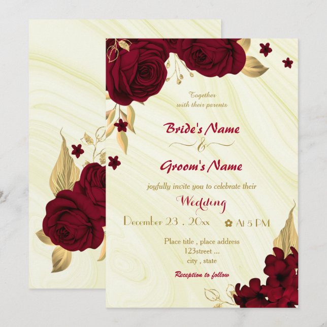Invitación flores burdeos oro boda de mármol floral (Anverso / Reverso)