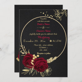 Invitación flores burdeos oro corona boda negro