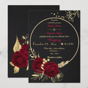Invitación flores burdeos oro corona boda negro