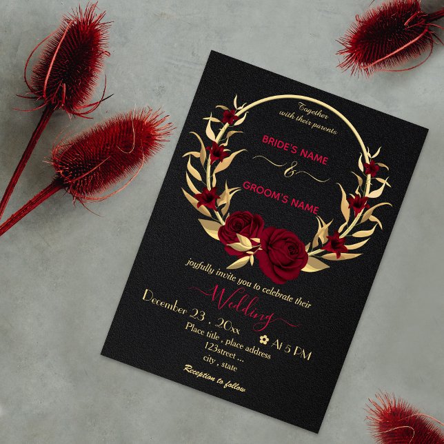 Invitación flores burdeos oro corona boda negro (Subido por el creador)
