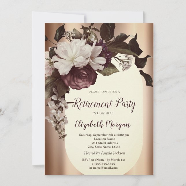Invitación Flores Burdeos Vintage Jubilación  (Anverso)