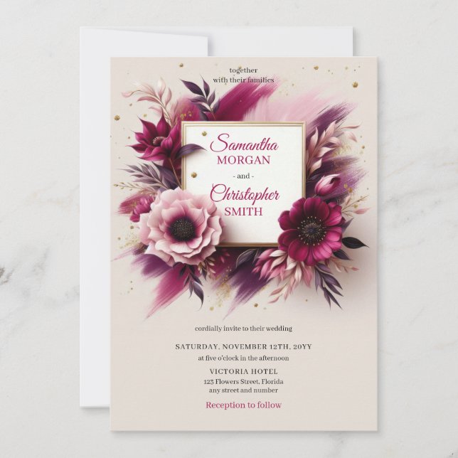 Invitación Flores burdeos y boda de marcos dorados opulentos (Anverso)