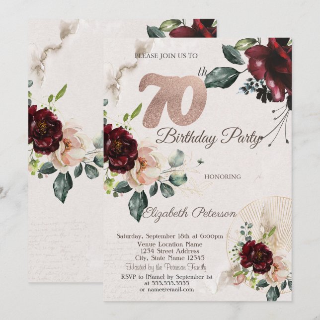 Invitación Flores Burgundy Chic Cumpleaños 70  (Anverso / Reverso)