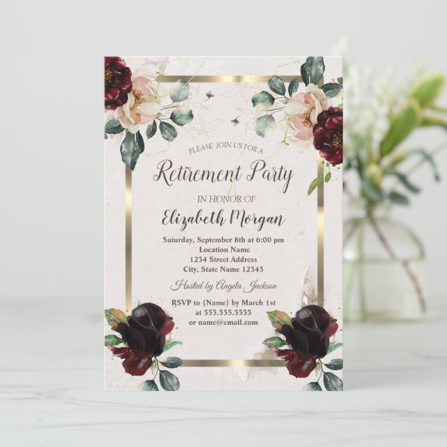 Invitación Flores Burgundy Chic Marco Dorado Fiesta de Jubila (Anverso de pie)
