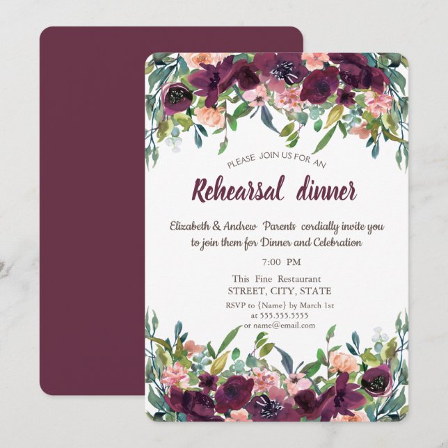 Invitación Flores Burgundy Elegantes Cena de Ensayo  (Anverso / Reverso)