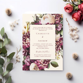 Invitación Flores caídas boda morado de crema borgoña