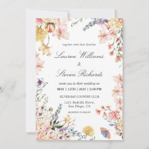 Invitación Flores cálidas de primavera azul rosada y personal