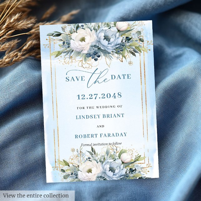 Invitación Flores caprichosas pastel azul blanco dorado Guard (Whimsical Pastel Blue White Gold Flowers Save The Date)
