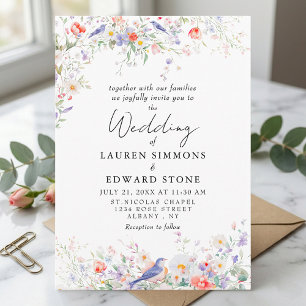 Invitación Flores Caprichosas y Pájaros Azules Boda en Acuare
