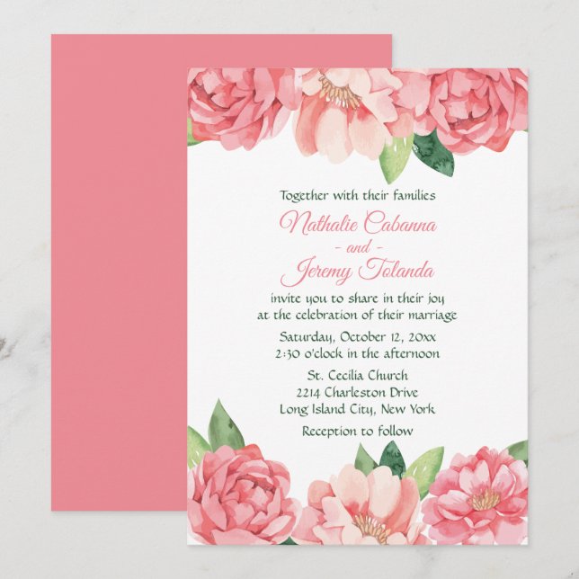 Invitación Flores casadas con Rosas de peones rosados (Anverso / Reverso)