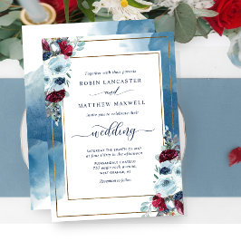 Invitación Flores celestes, floral elegante azul rojo morado