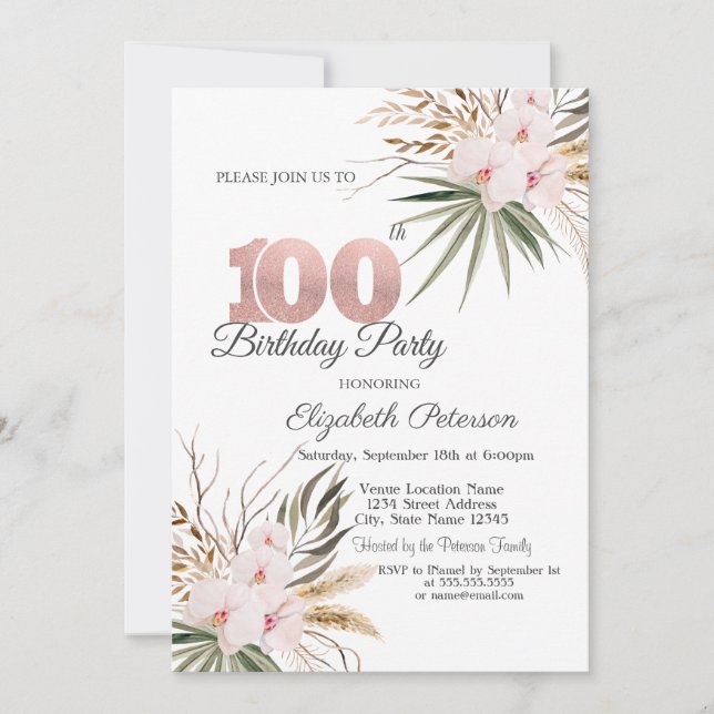Invitación Flores Chic Boho Cumpleaños 100 (Anverso)