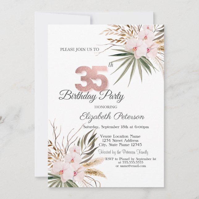 Invitación Flores Chic Boho Cumpleaños 35 (Anverso)
