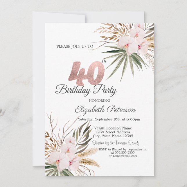 Invitación Flores Chic Boho Cumpleaños 40 (Anverso)