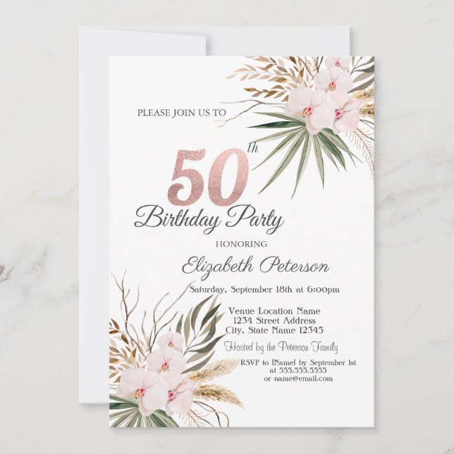Invitación Flores Chic Boho Cumpleaños 50 (Anverso)