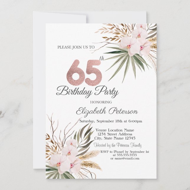 Invitación Flores Chic Boho Cumpleaños 65 (Anverso)