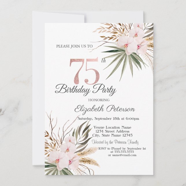Invitación Flores Chic Boho Cumpleaños 75 (Anverso)