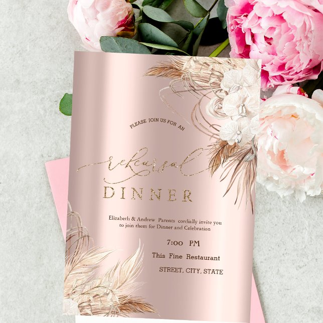 Invitación Flores Chic Boho Rosa Dorado Cena de Ensayo (Subido por el creador)
