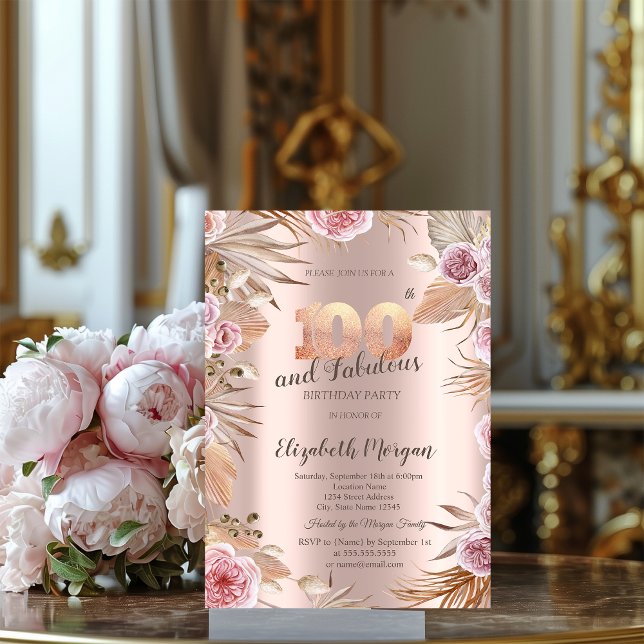 Invitación Flores Chic Boho Rosa Dorado Cumpleaños 100 (Subido por el creador)