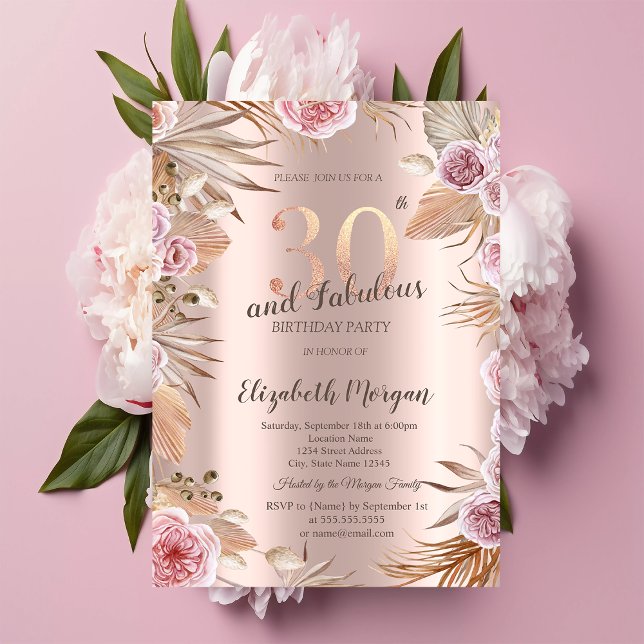 Invitación Flores Chic Boho Rosa Dorado Cumpleaños 30 (Subido por el creador)